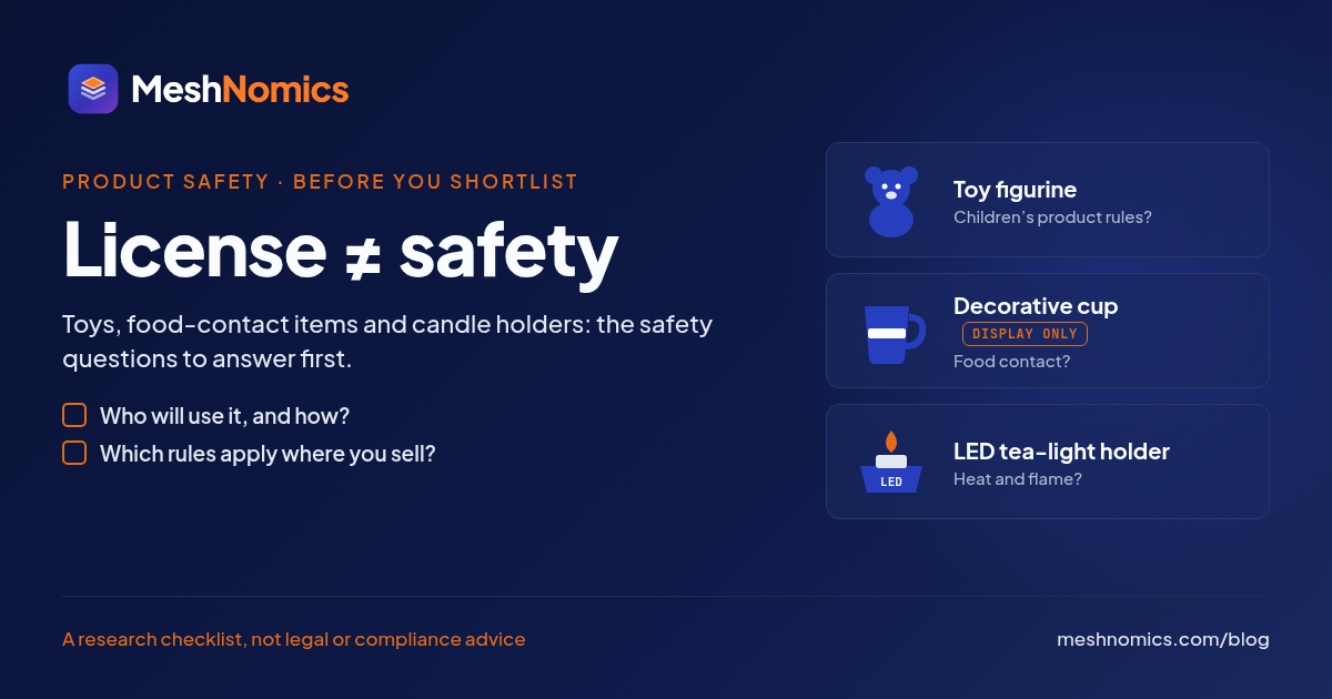 License does not equal safety: a toy figurine, a decorative cup marked display only and an LED tea-light holder, each paired with its safety question, plus who will use it and which rules apply where you sell